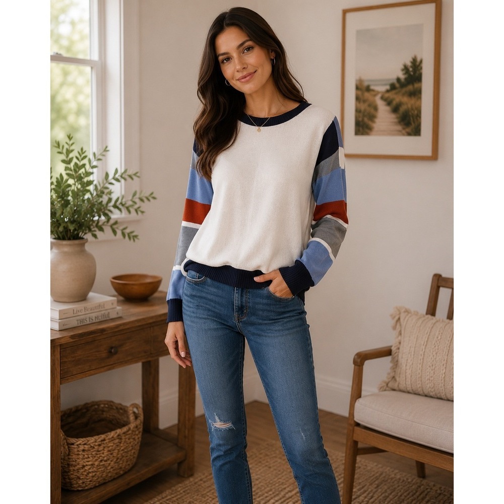 ecru Sweater Womens Large‎ White Colorblock Preppy Mod Academic